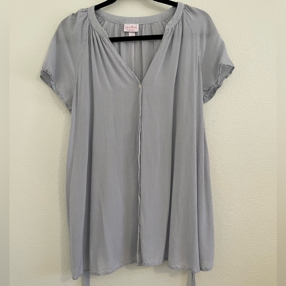 Isabel Maternity Baby Blue Striped Short Sleeve Button-Down Shirt, Medium - Picture 2 of 5